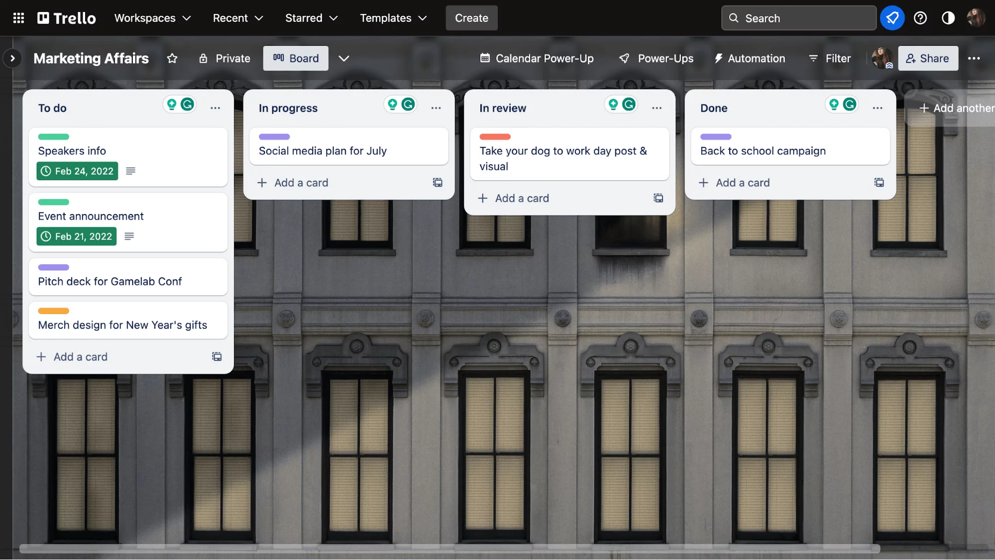 Trello screenshot showing a kanban board for Marketing affairs project with status collumns for