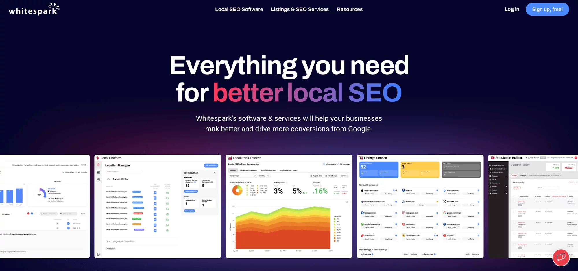 Whitespark homepage showing multiple reports screenshots with the motto: everything you need for better local SEO