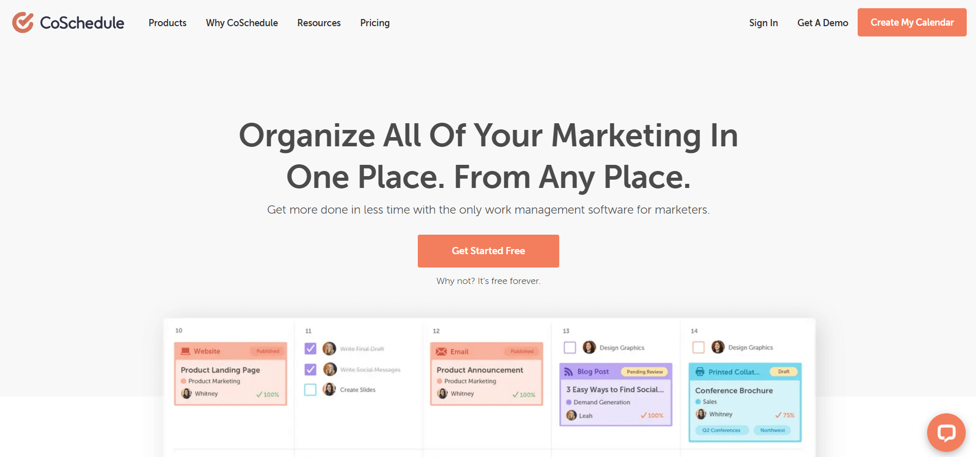 CoSchedule headline "Organize your marketing in one place" on website homepage