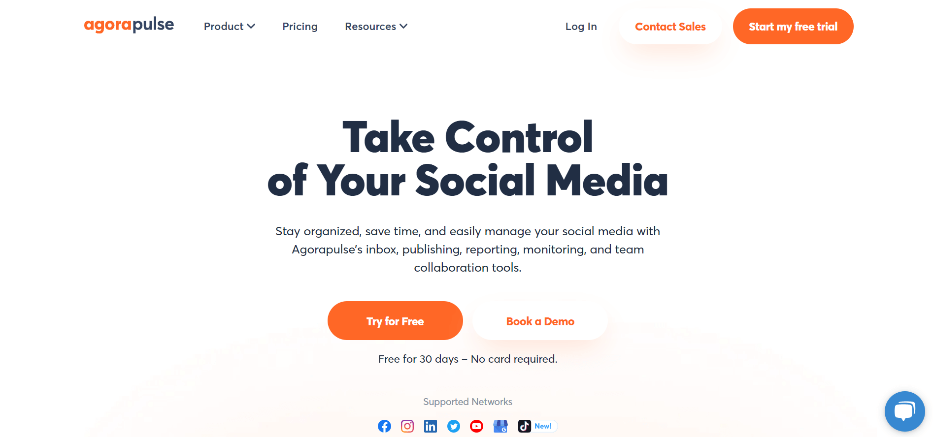 Agorapulse homepage showing the motto "Take control of your social media" motto in big, centered letters.