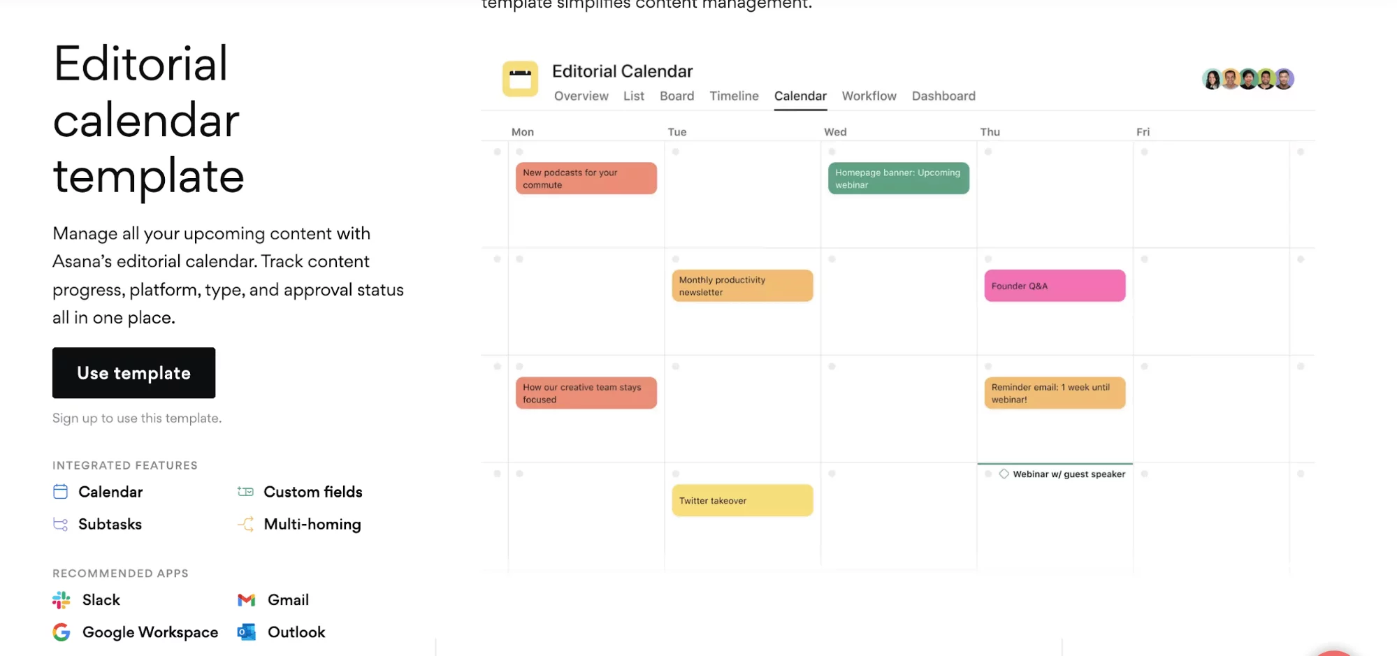 Editorial content calendar template in Asana, with colored labels and team collaborators.