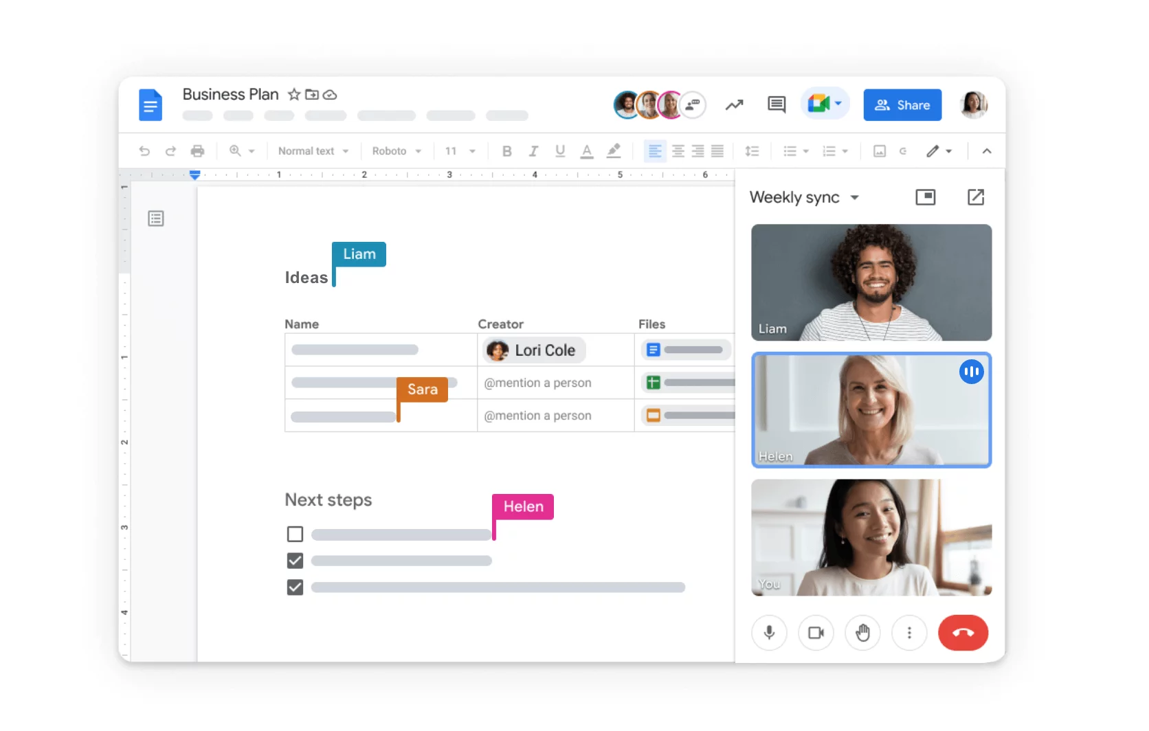 Google Drive content collaboration through a shared document with real-time activity and video call.