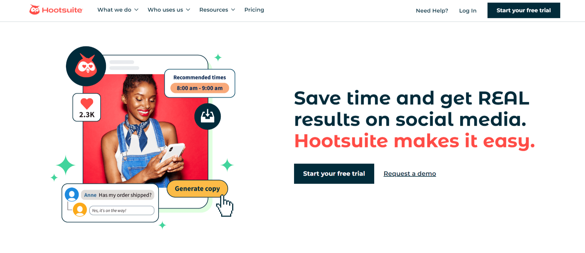 Hootsuite homepage with headline "Save time and get real results on social media. Hootsuite makes it easy."