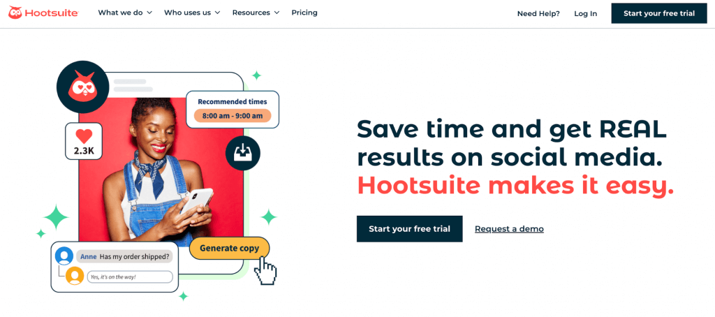 Hootsuite website homepage with headline "Save time and get real results on social media".