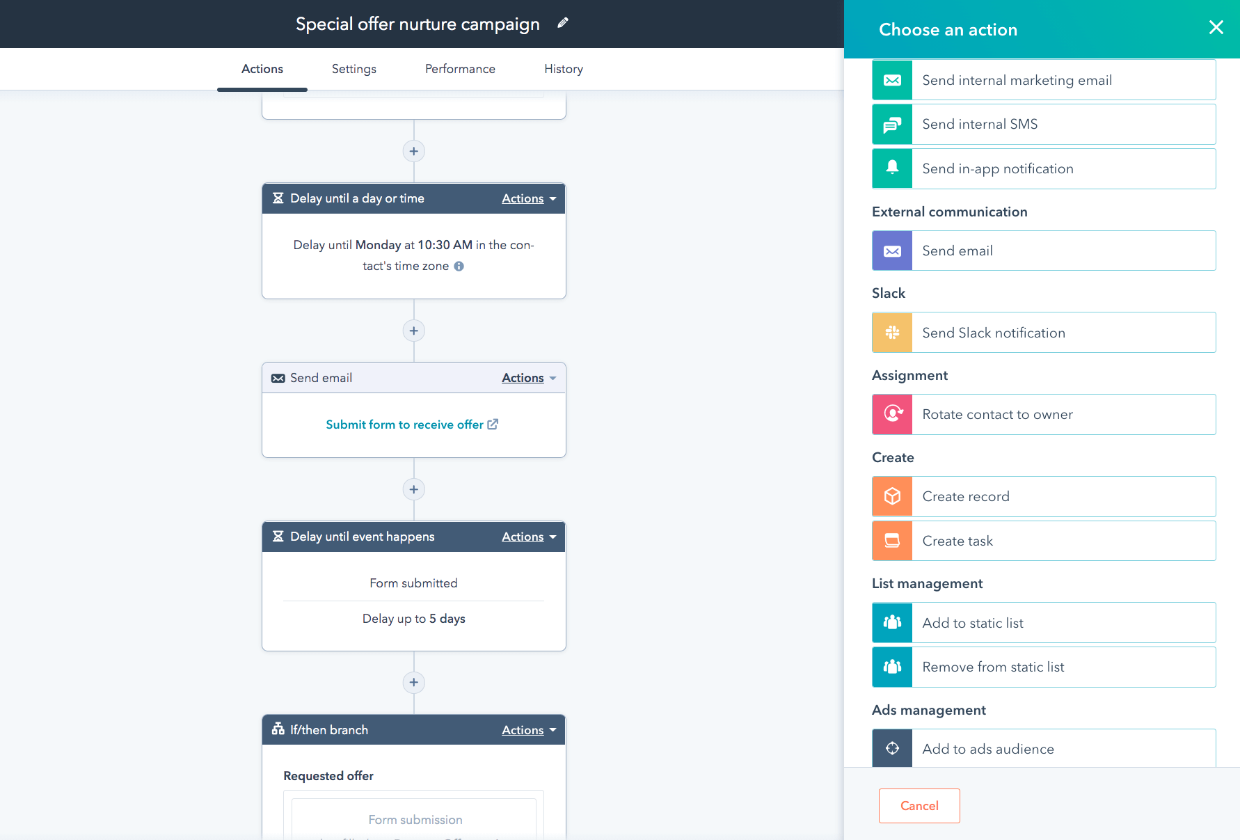 Email marketing campaign automation steps shown in a colored diagram in Hubspot