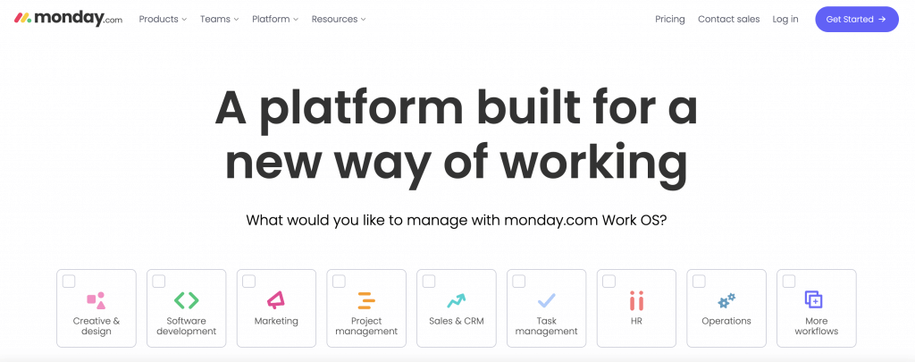 monday.com website homepage with headline "A platform built for a new way of working"