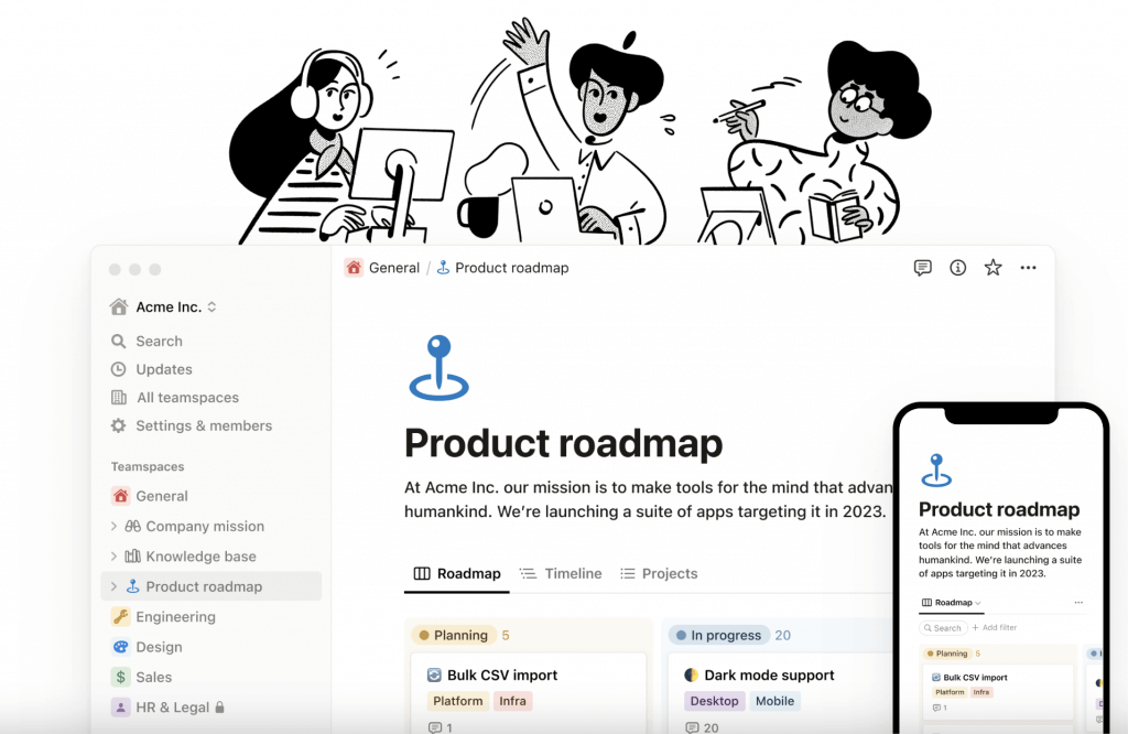 notion software's homepage featuring one example of product map page