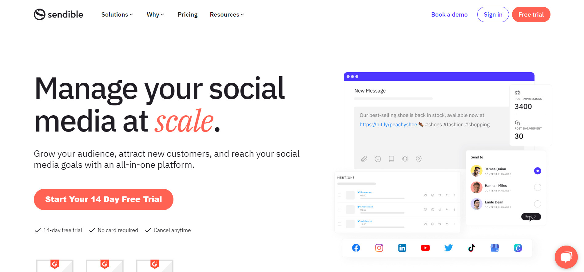 Sendible homepage with product's dashboard and a new message composer, various social network icons, reports and options for personal sending, including headline "Manage your social media at scale".