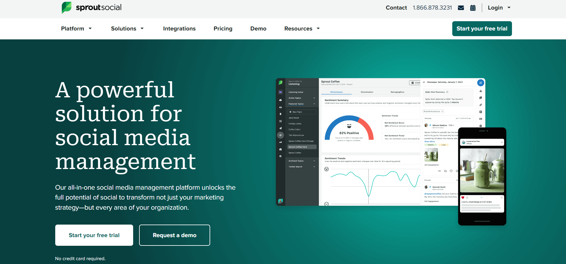 SproutSocial homepage with image of web and mobile screenshot of reports dashboards.