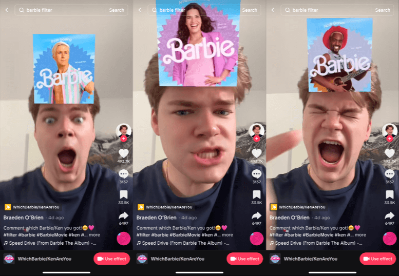 TikTok posts showing a man reacting to the different results of the Barbie character suggestions filter.