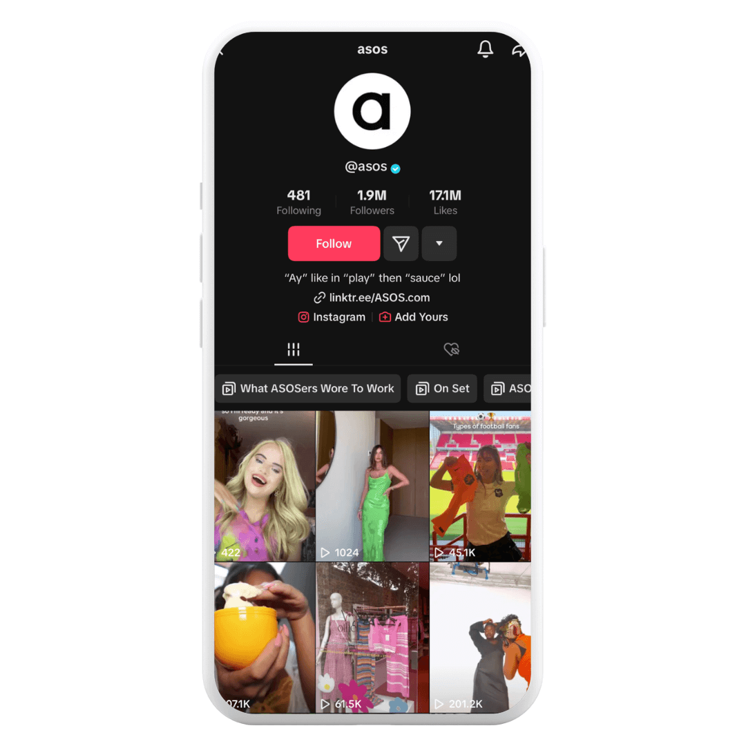 @asos TikTok account showing various posts featuring real-life showcasing of Asos clothes.