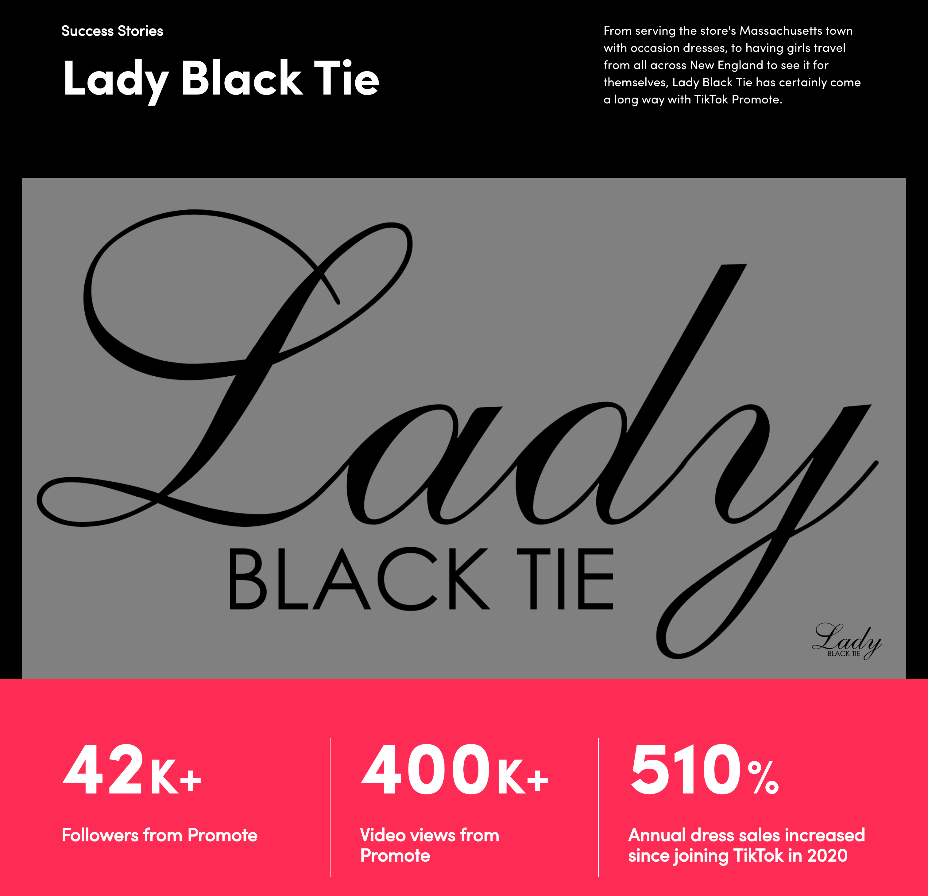 TikTok for business success story of Lady Black Tie showing results like 42K+ followers from Promote and 510% annual dress sales increase since joining TikTok in 2020.