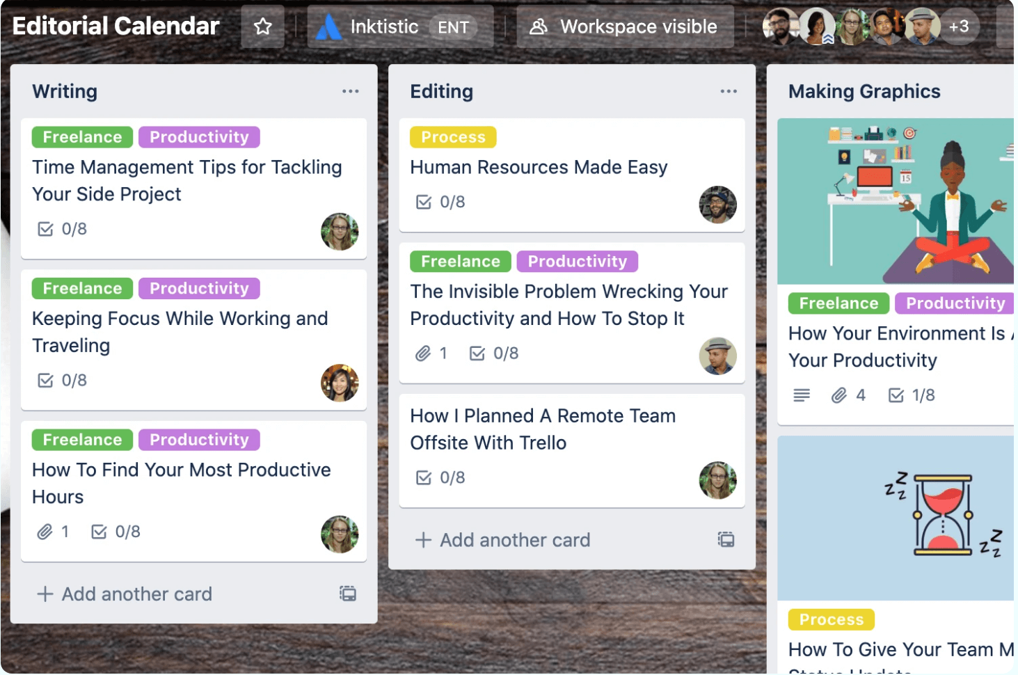 Kanban style editorial calendar in Trello, with columns for writing, editing and makeing graphics