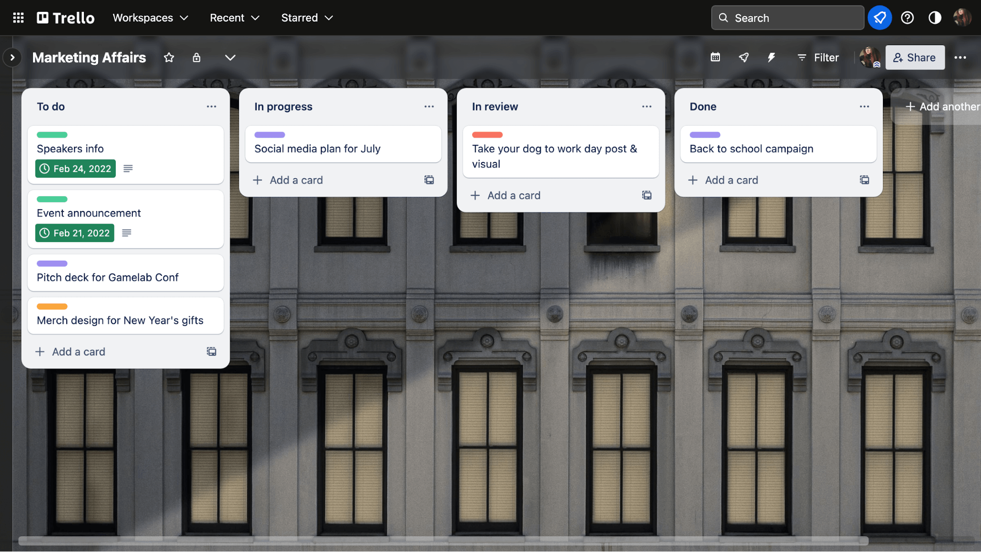 Trello marketing affairs dashboard with column statuses for to do, progress, in review and done.