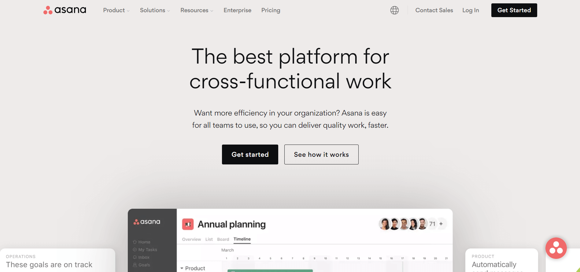 Asana simple homepage showing the motto "The best platform for cross-functional work"