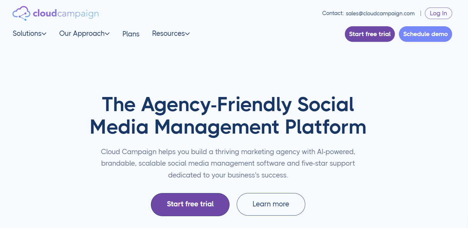 Cloud Campaign homepage with the motto "The Agency-Friendly Social Media Management Platform" and a call to action buttons to "Start free trials" or "Learn more".