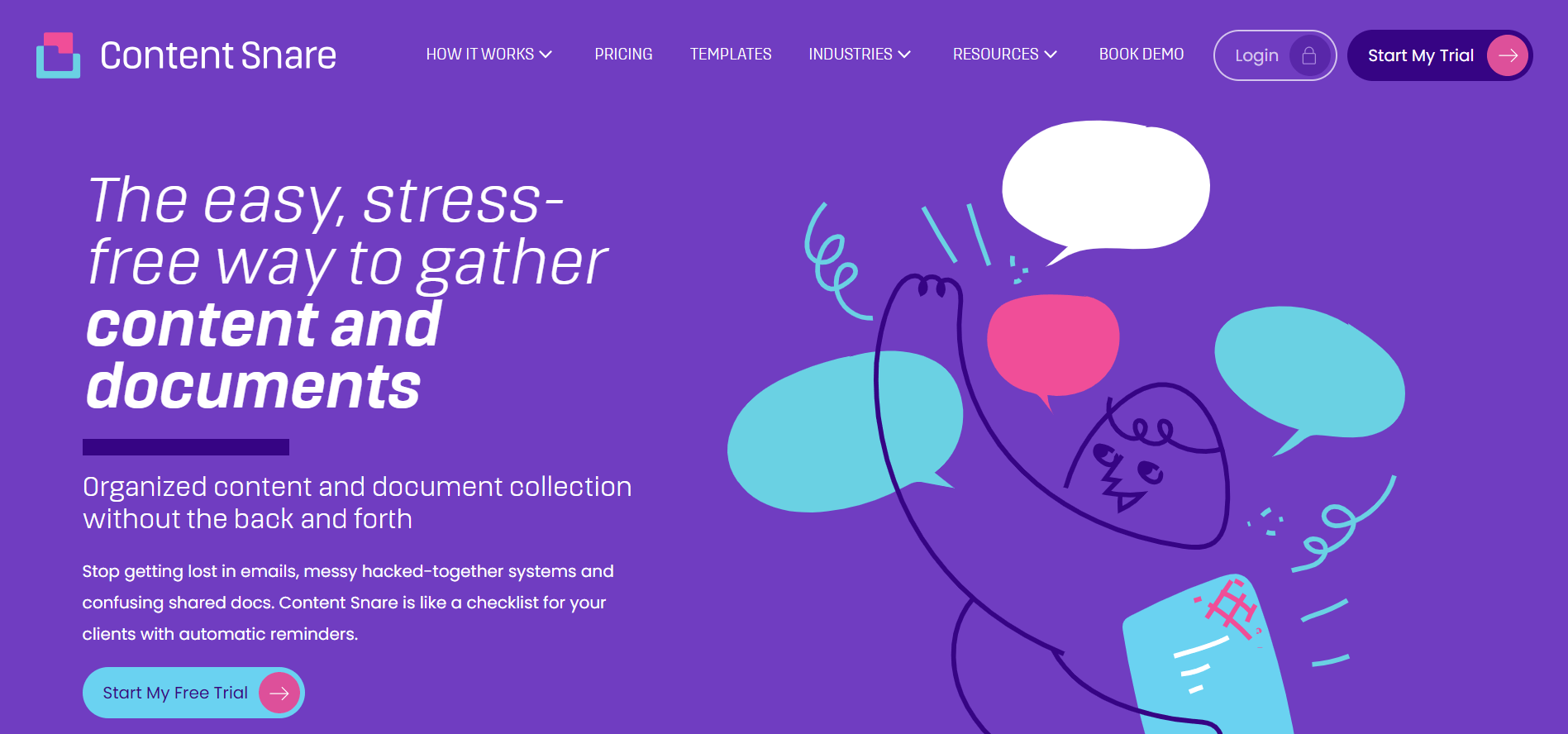 Purple coloured ContentSnare homepage showing the motto "The easy, stress-free way to gather content and documents".