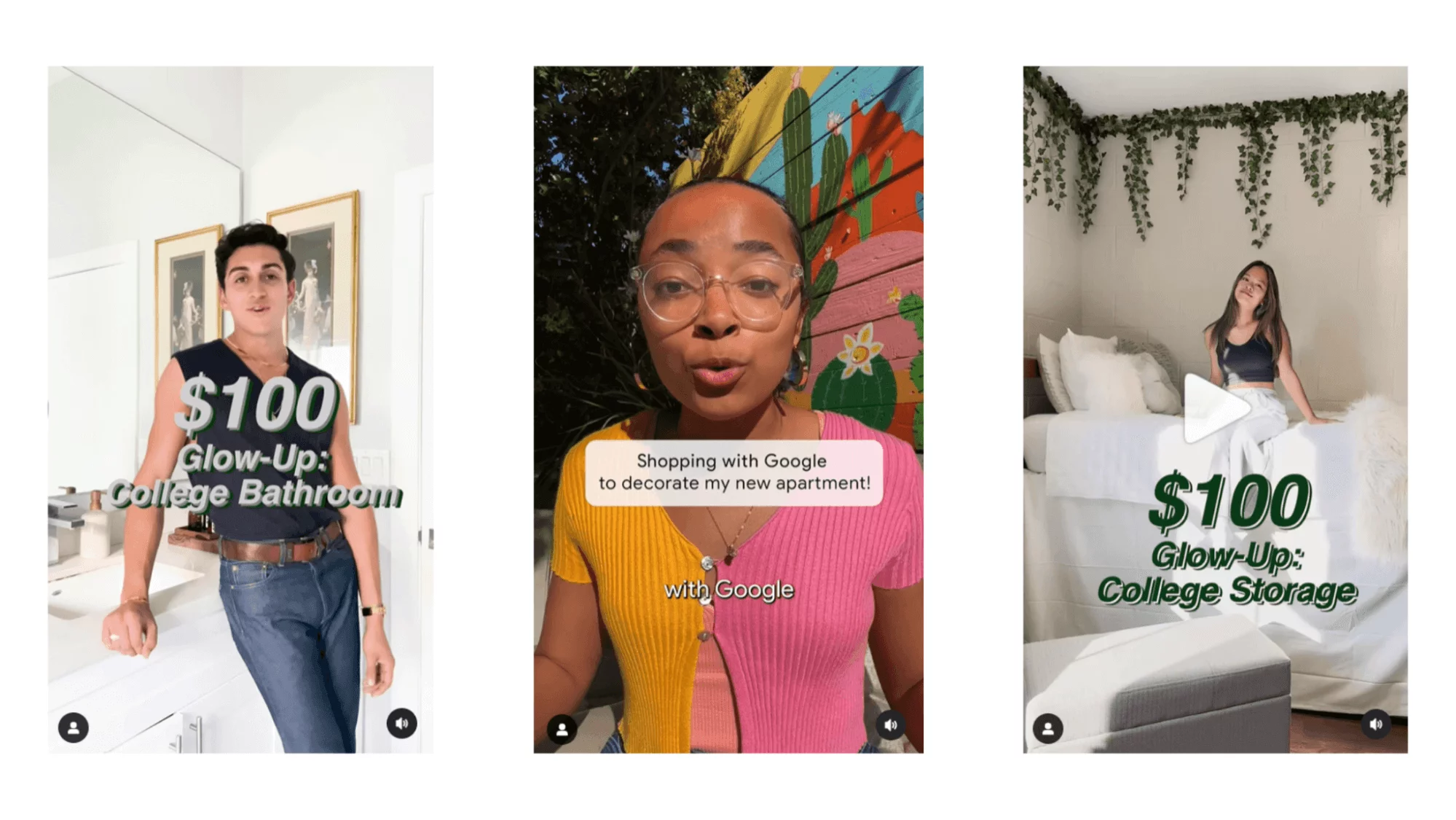 Collage with three glow-up campaign videos on Shop with Google of creators: @bennyrebecca, @taylorcassidyj, @camillepenick