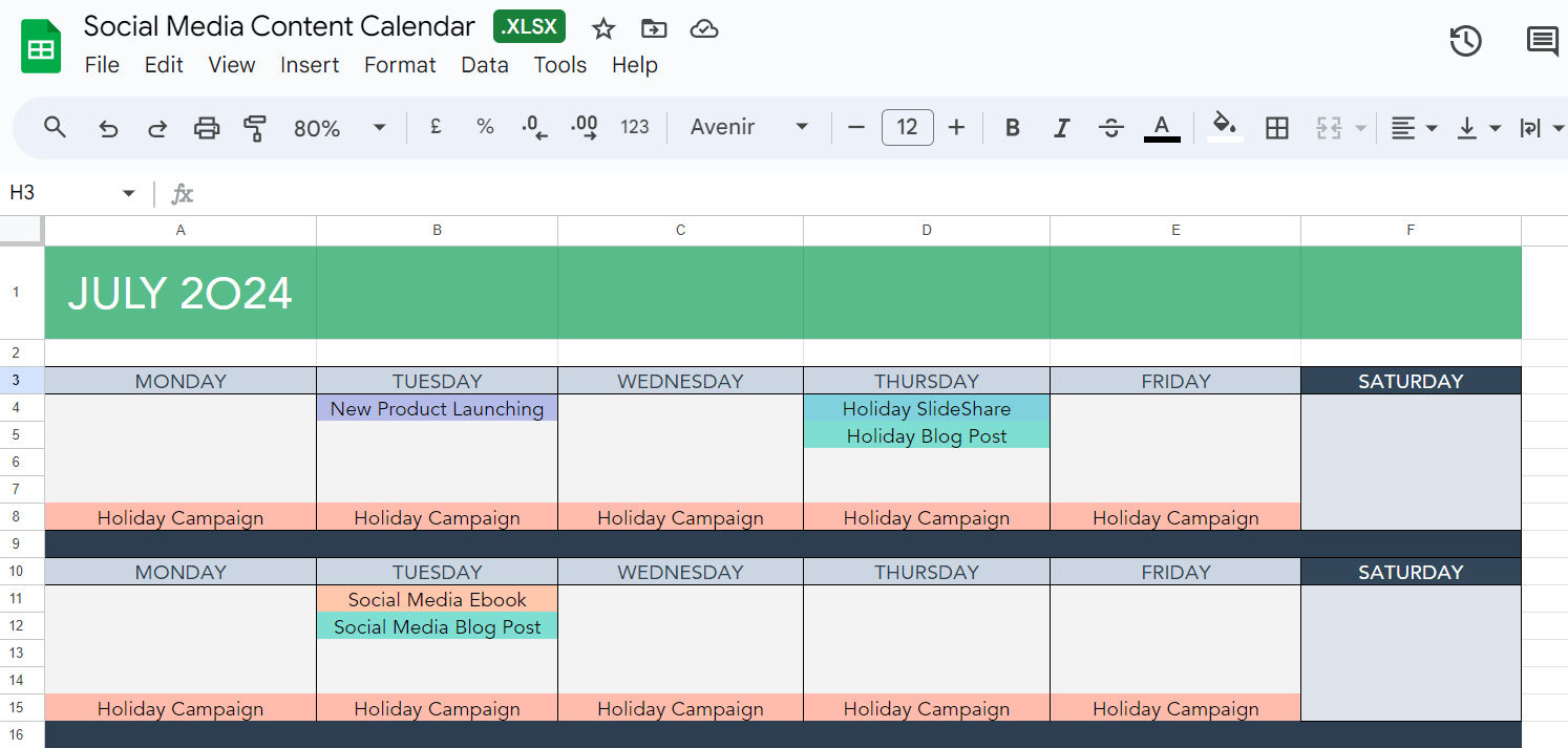 Social media content calendar organized by week in Google sheet