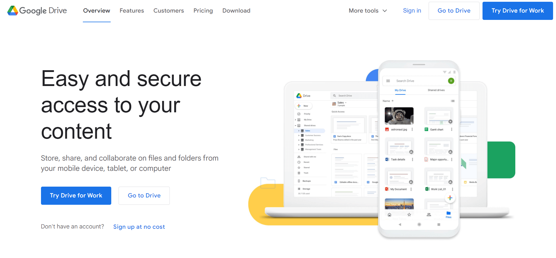 GoogleDrive homepage showing document storing on a laptop and mobile screen, with the motto "Easy and secure access to your content".