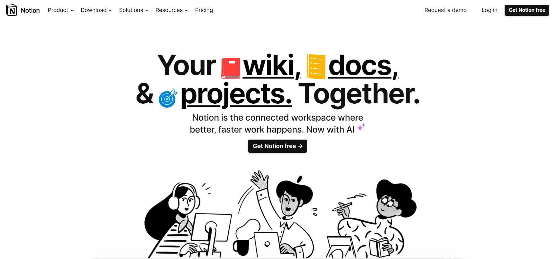 Notion homepage with a sketch of 3 people working together, and the motto "Your wiki, docs, & project. Together"