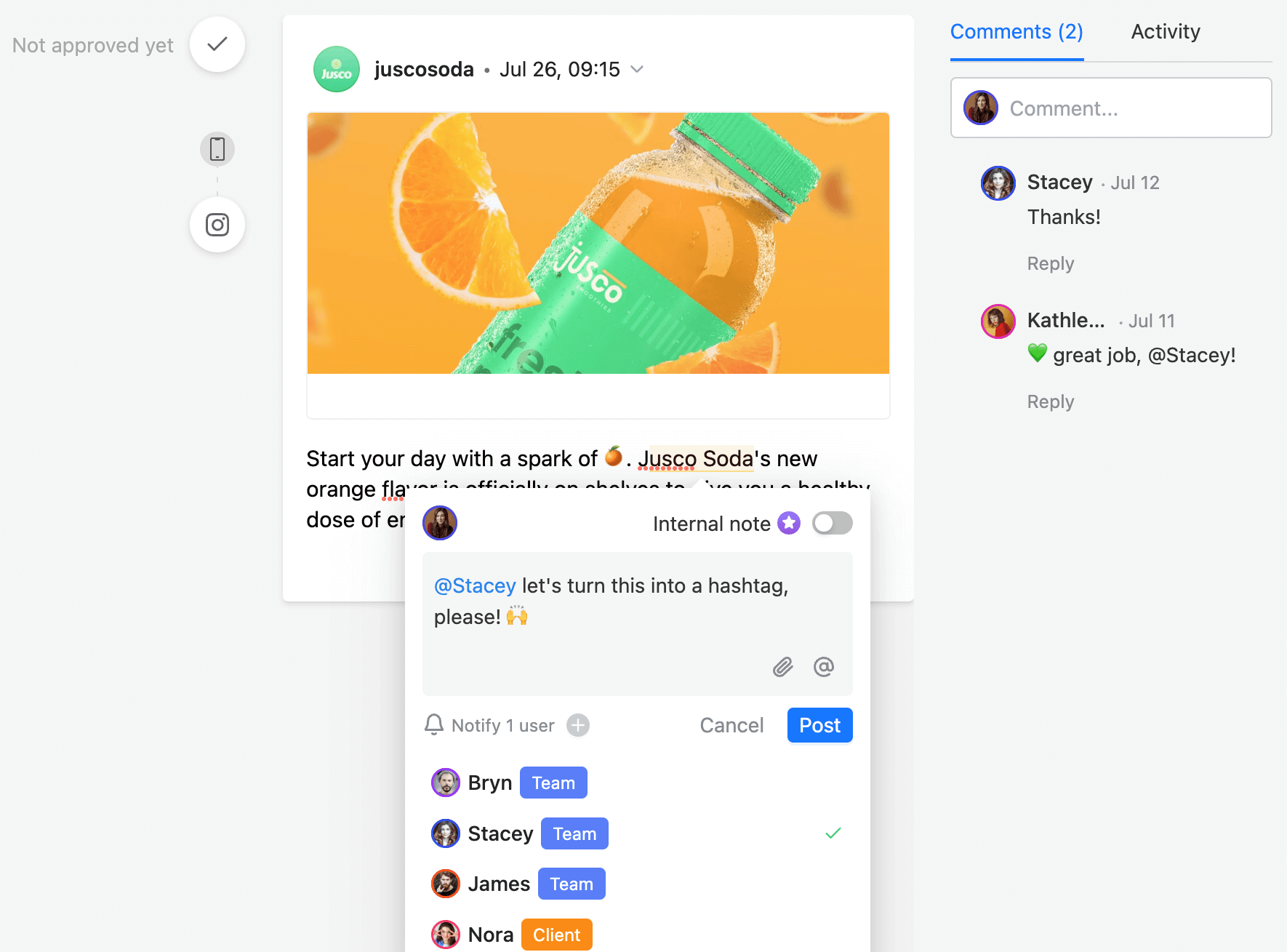 Social media post in Planable's composer with comments from Stacey and Kathleen, internal note and team notifications options.