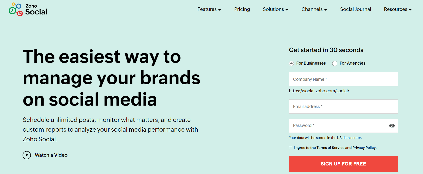 Zoho homepage showing the motto "The easiest way to manage your brands on social media", with a simple sign-up form