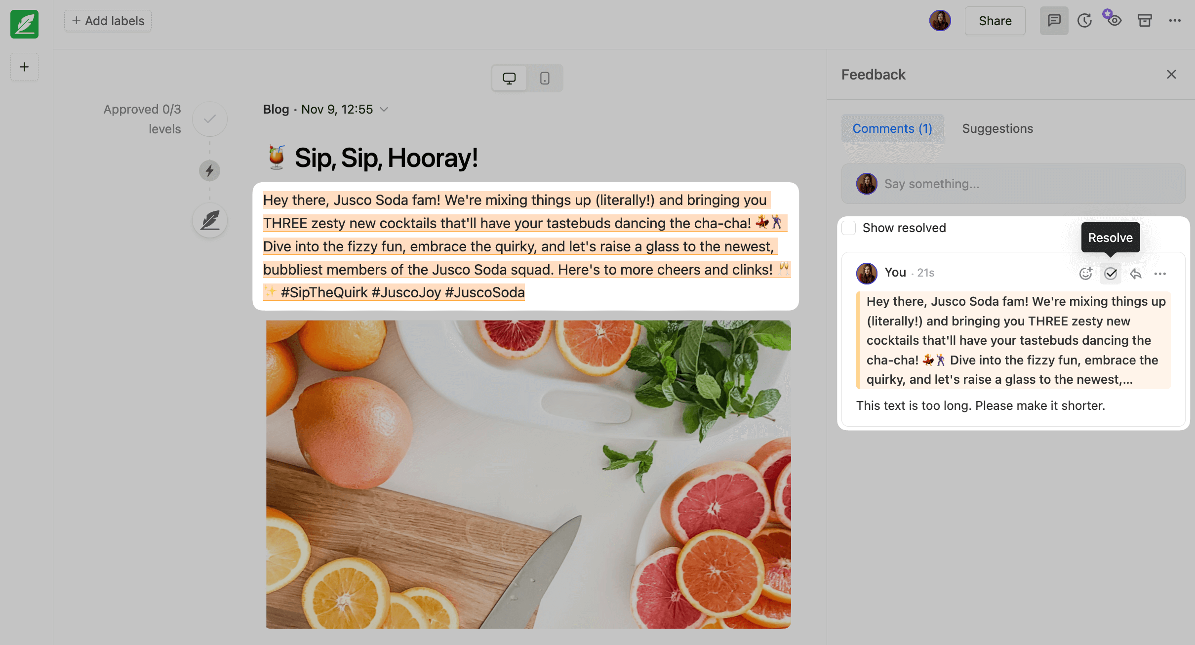 Article collaboration in Planable, showing a highlighted text annotation asking to make the text shorter, and a Resolve button selected.