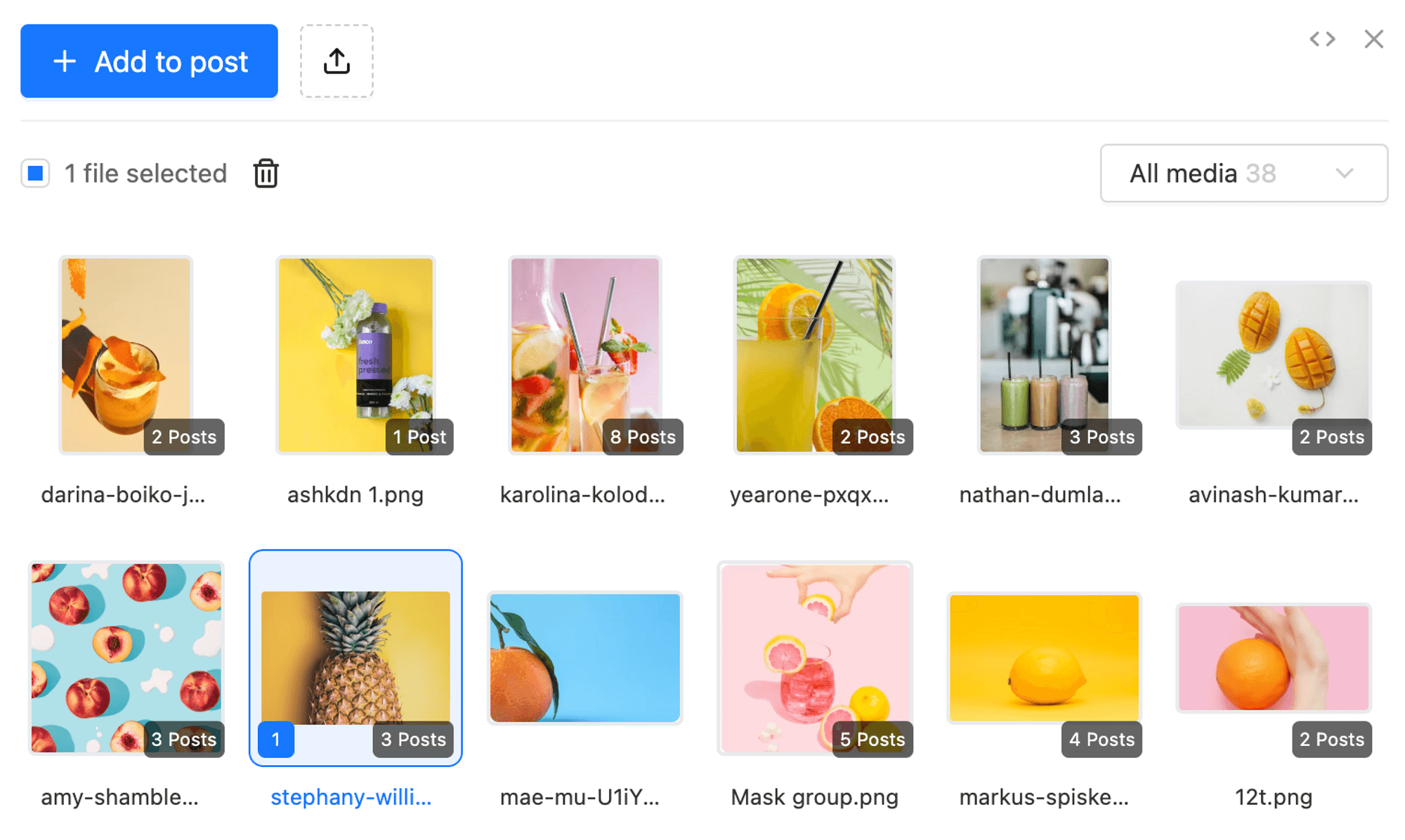 Content media library showing multiple images of cocktails and fruits, with one file selected and a blue "Add to post" button.