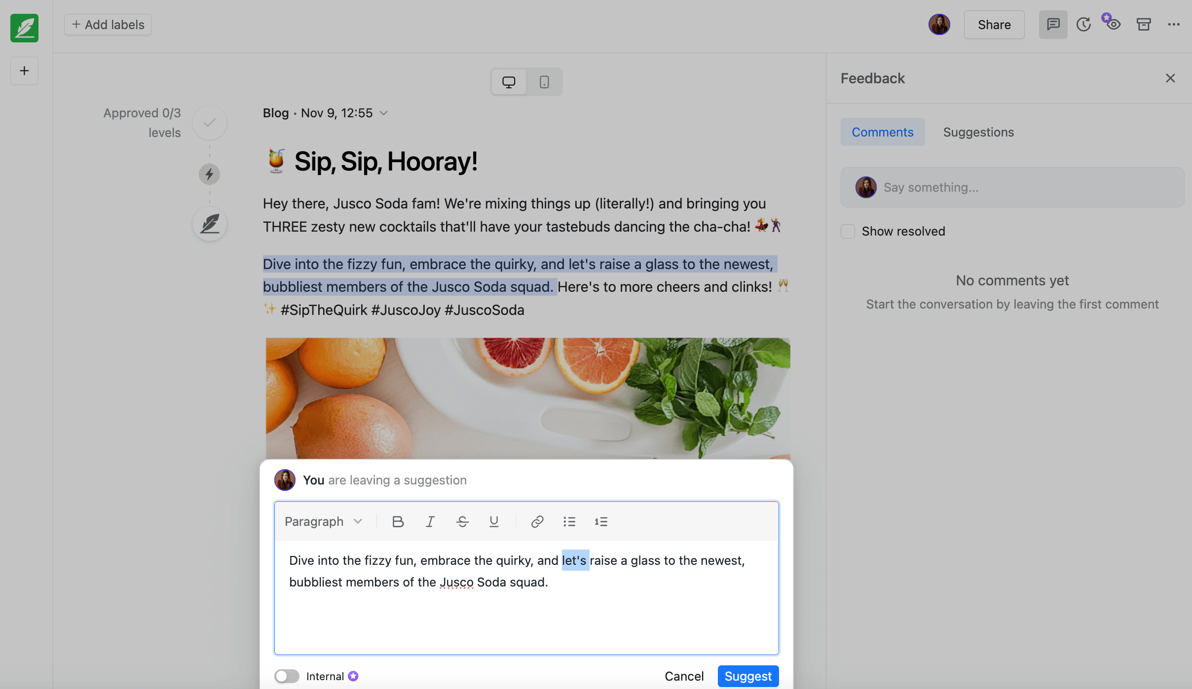Collaboration on an article in Planable with editable textbox open, pre-filled with highlighted text, and an Suggest blue button.
