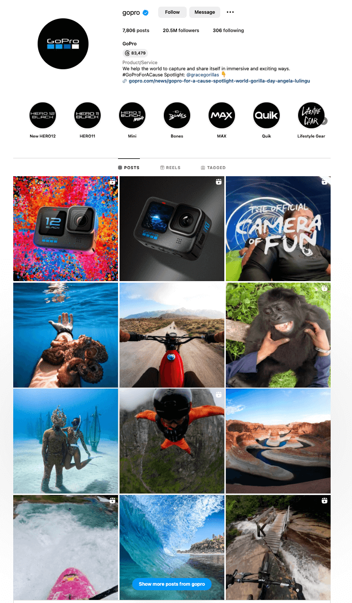 GoPro instagram profile showing multiple posts with photos took by GoPro users in nature.
