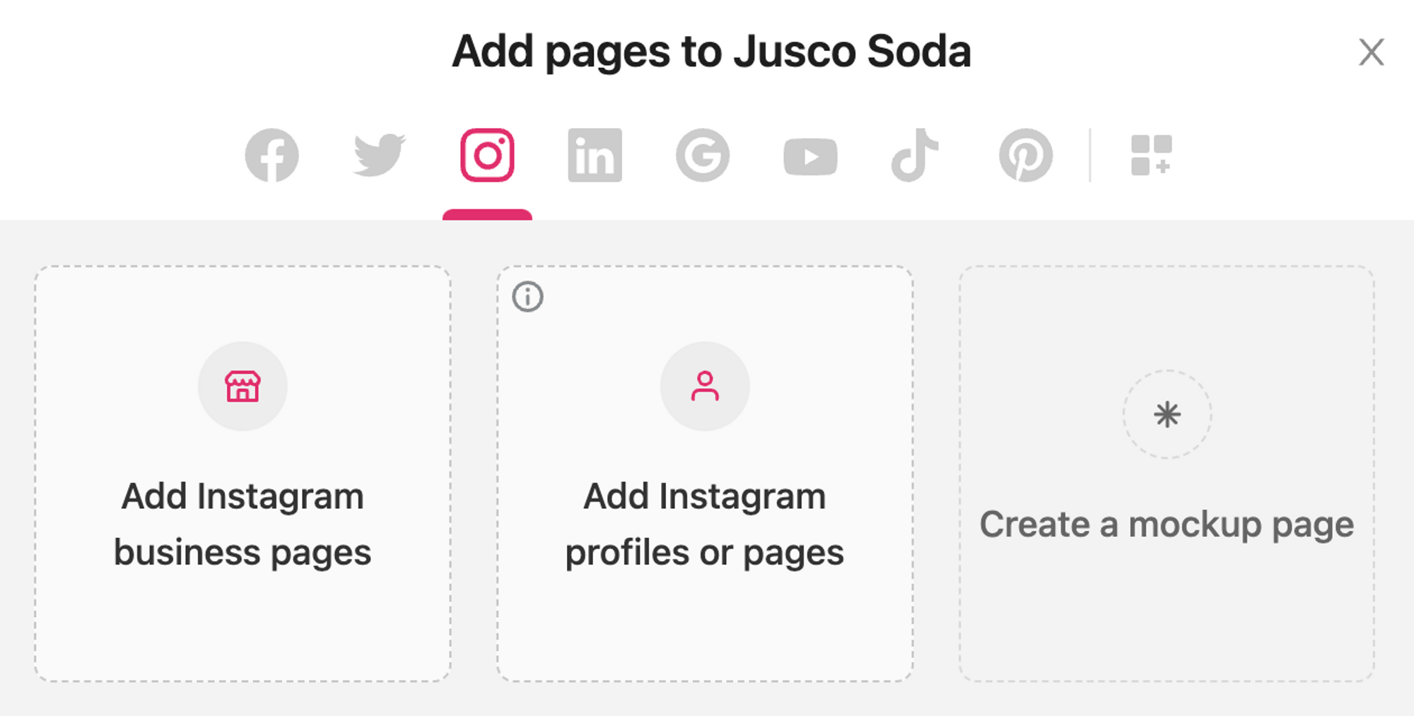Add pages to workspace options, showing multiple social media platforms, and specific Instagram options to Add Instagram business pages and Add Instagram profiles or pages.