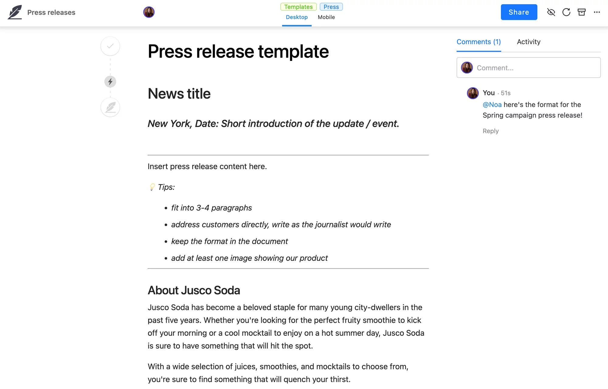 Press release template showing sections like News title, Press release content with writing tips, and About the company.