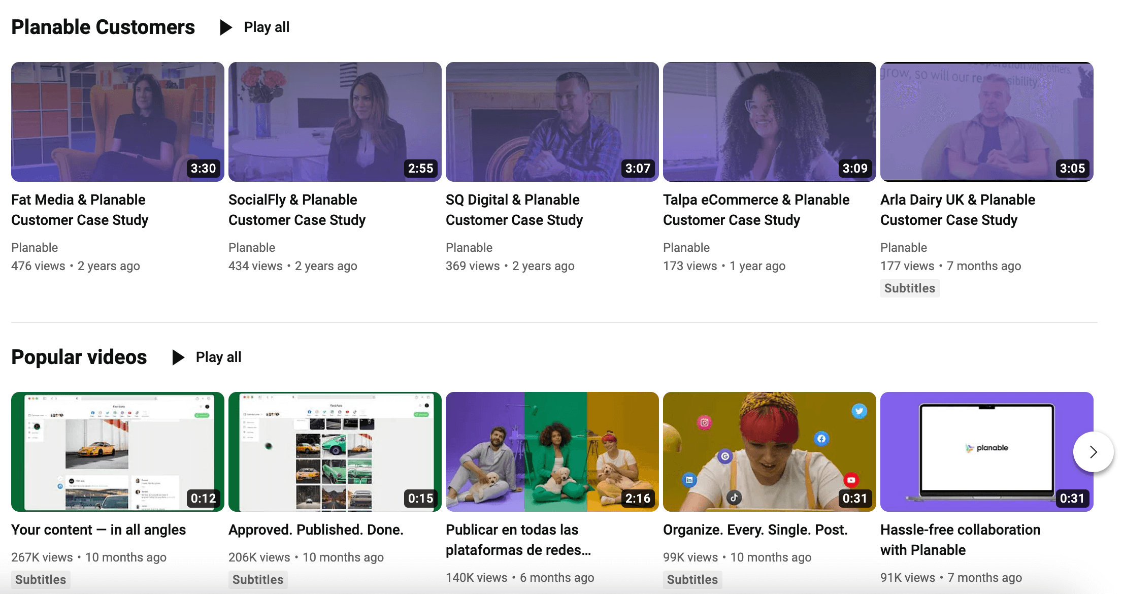 Video content pieces including a Planable Customers playlist with case studies and Popular videos.