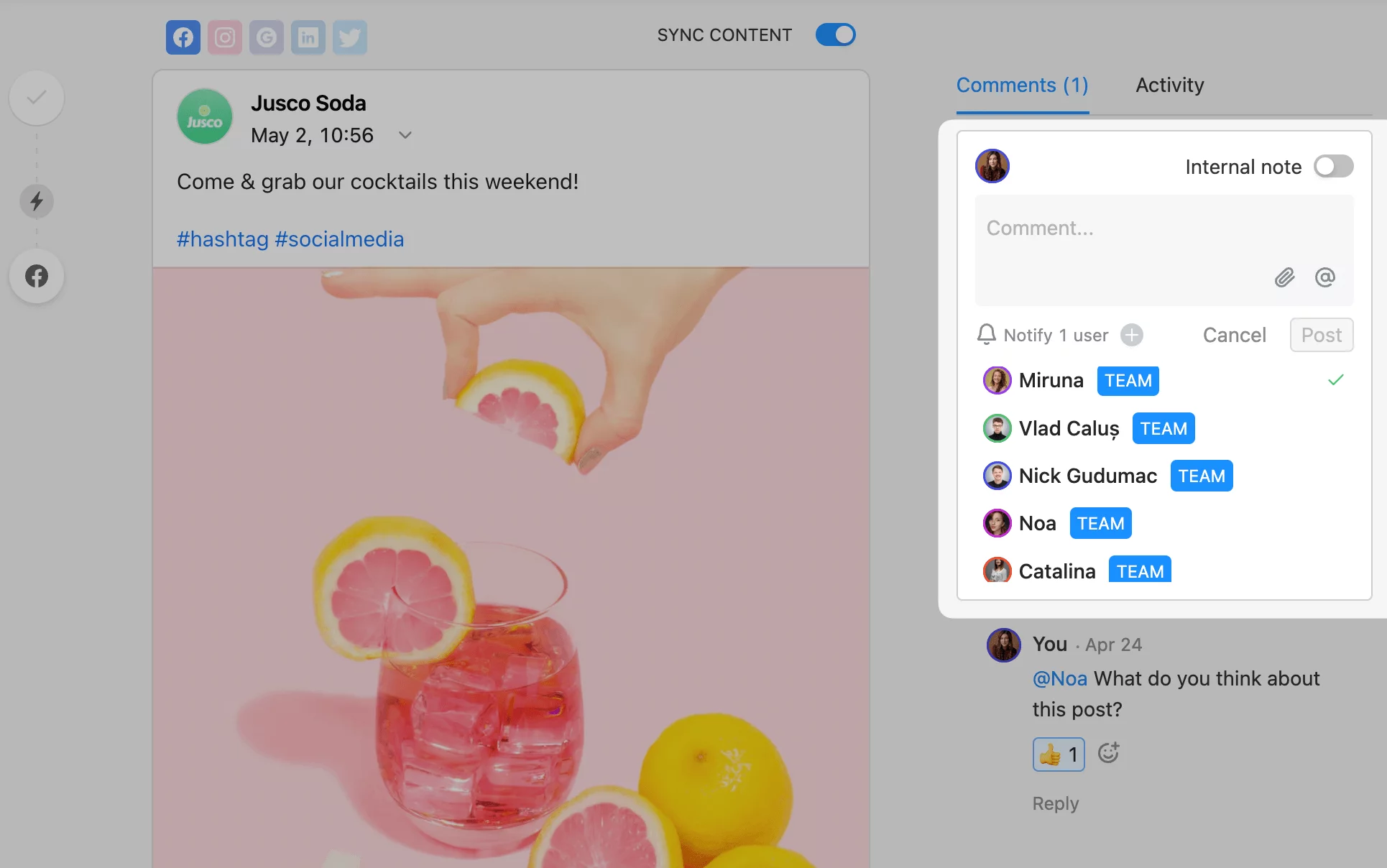 Team collaboration on a social media post, with personal notifications, optional internal note toggle and the ability to add attachments.