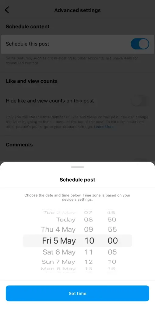 selector de fecha y hora para planificar una publicación de Instagram futura