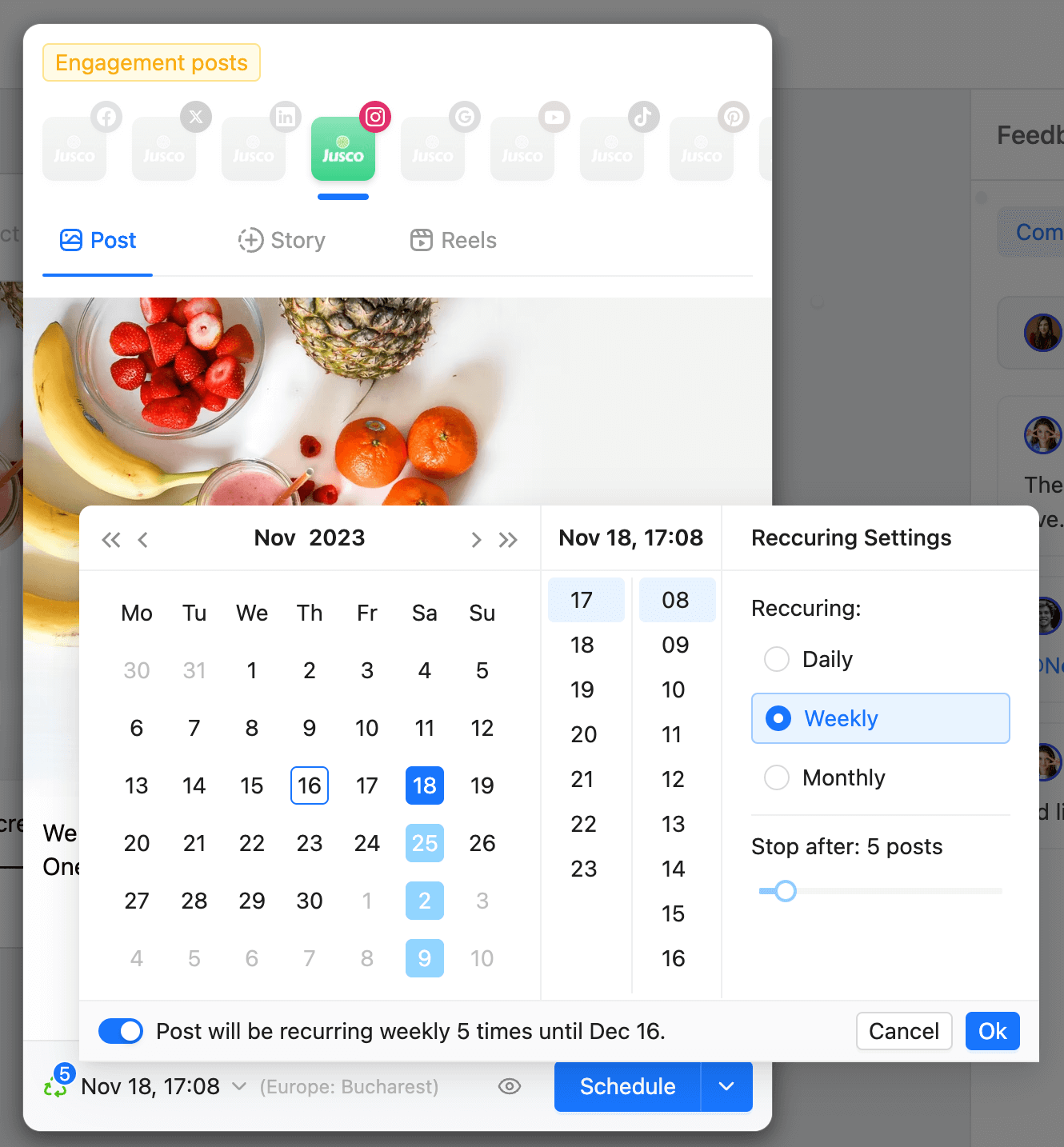 Instagram post with options to recycle post on specific dates, repeating daily, weekly or monthly.