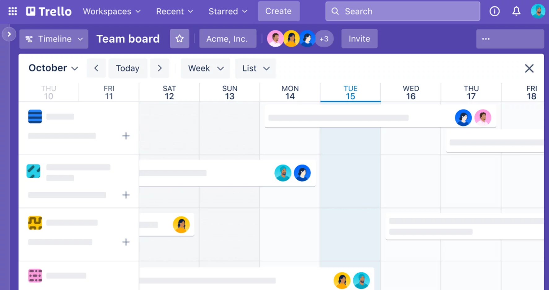 Visual team board in Trello with a weekly calendar and team members' avatars.