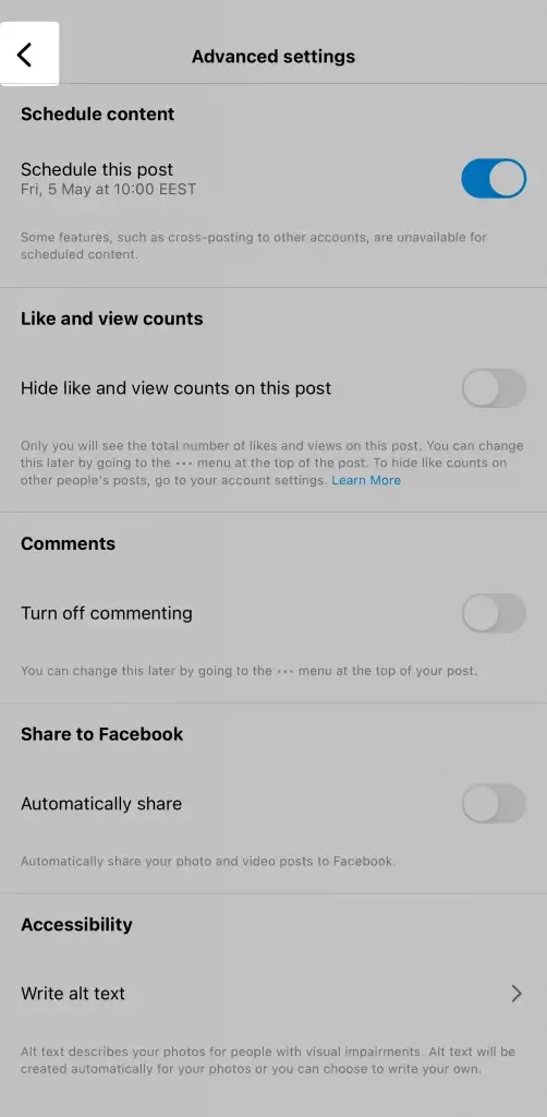 cómo volver a la pantalla de edición desde la pantalla de programar una publicación en Instagram