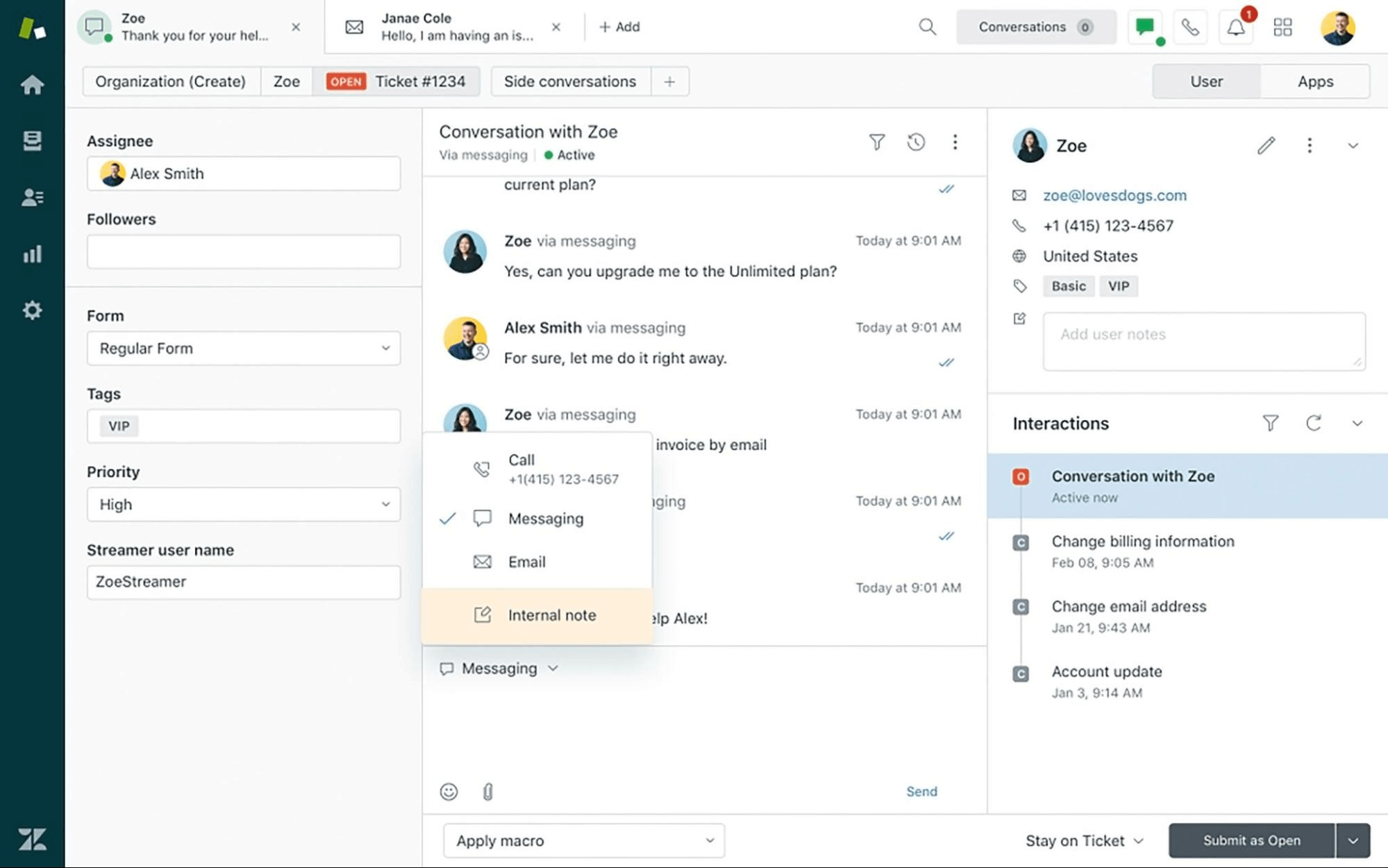 Zendesk client support conversation thread with assignee, priority and contact details.