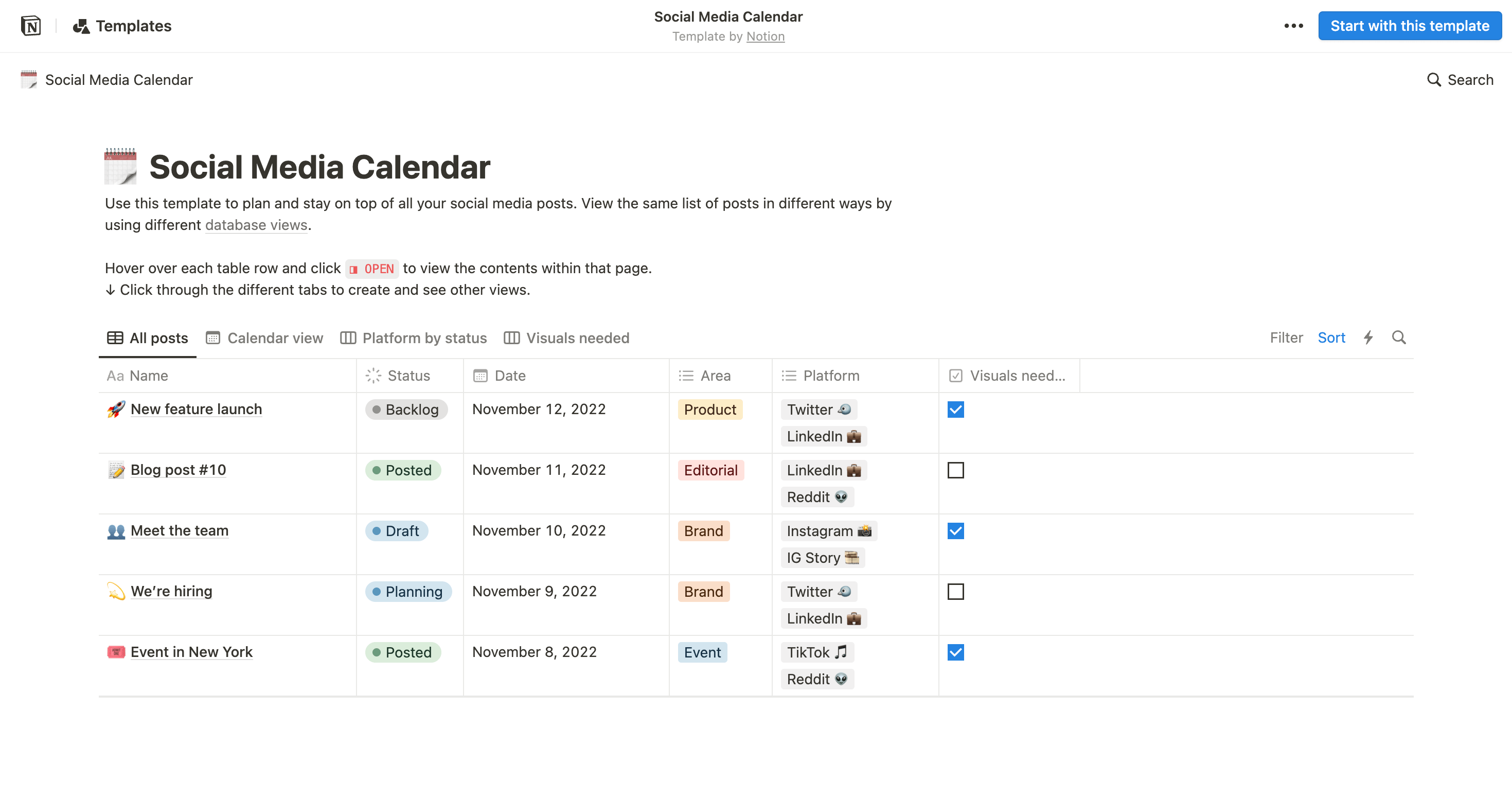 A social media calendar template for posts in Notion 