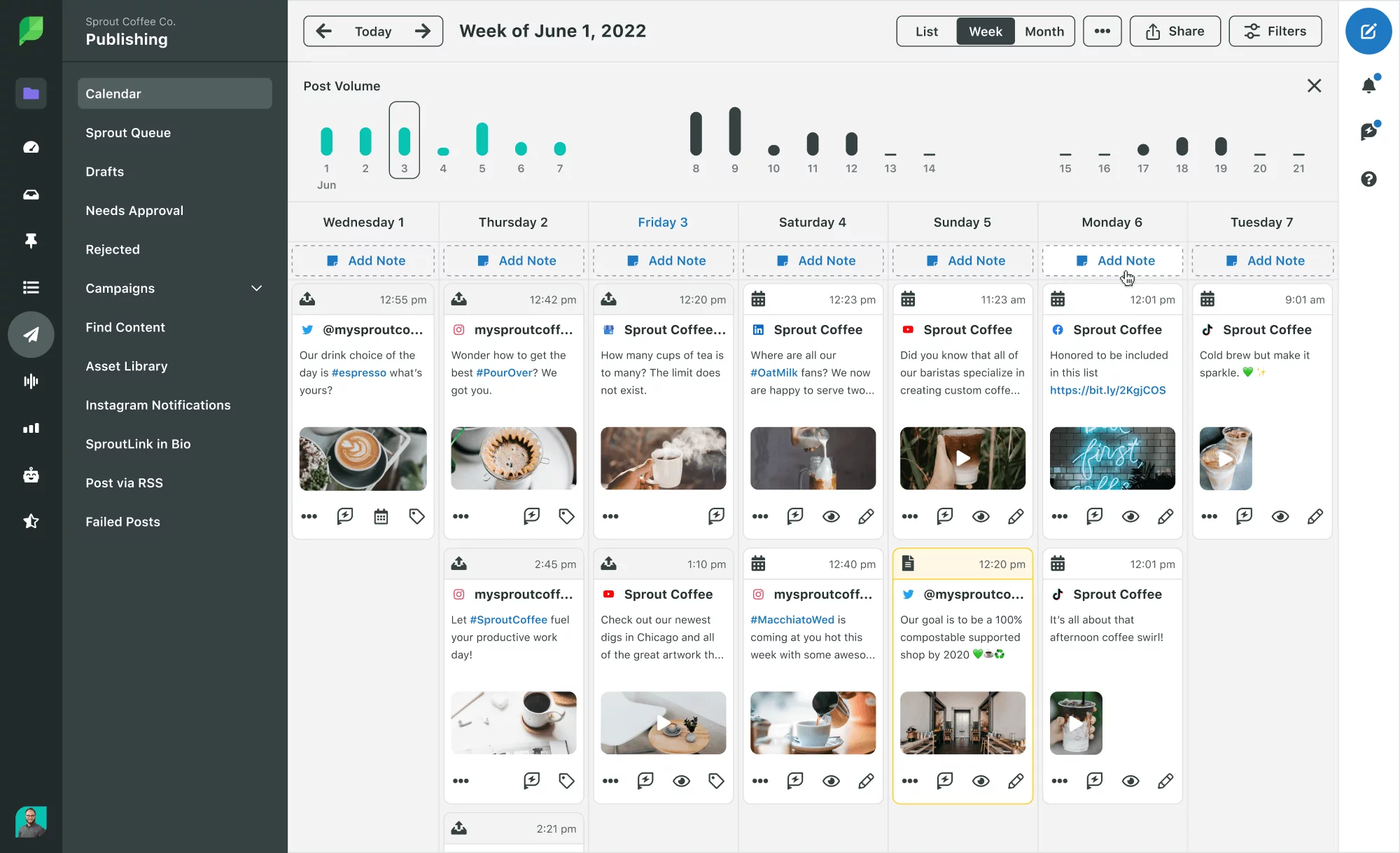 A social media calendar filtered by week in Sprout Social for Sprout Coffee Co.