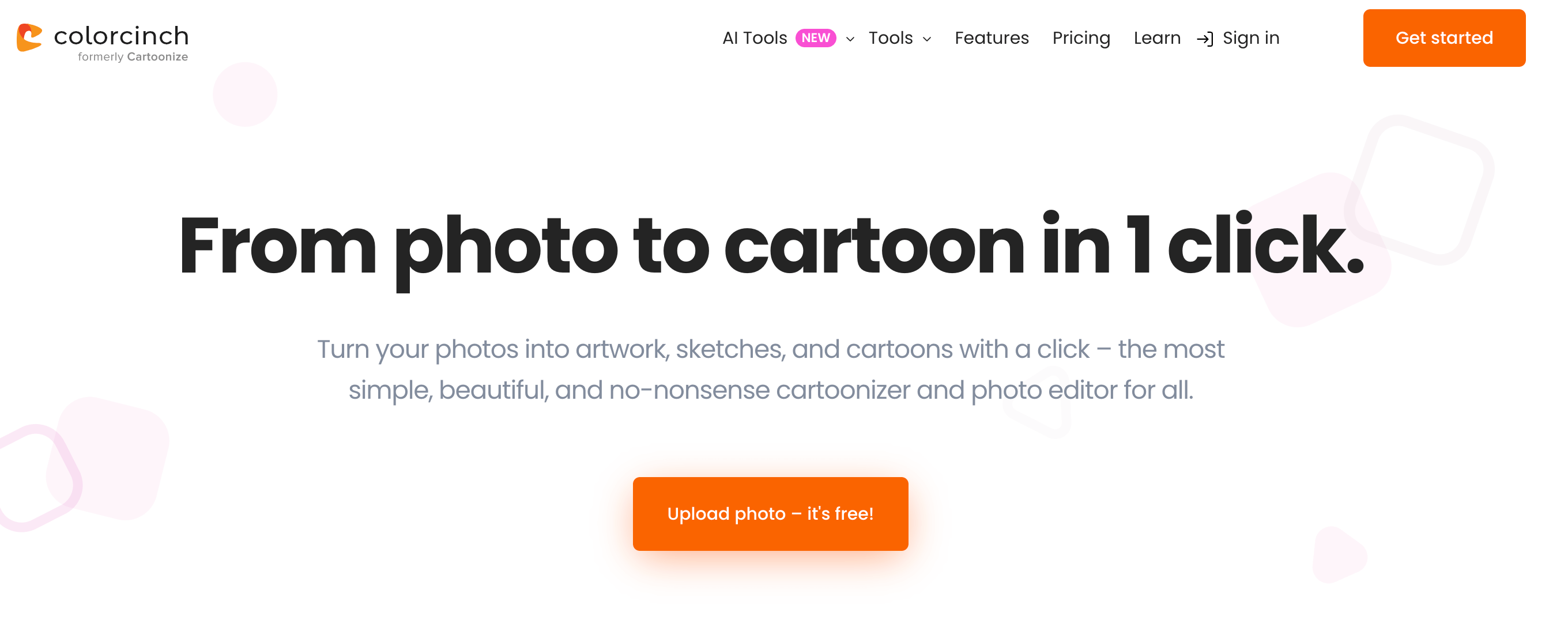 Colorcinch homepage with slogan "From photo to cartoon in 1 click" and upload button for free photo editing.