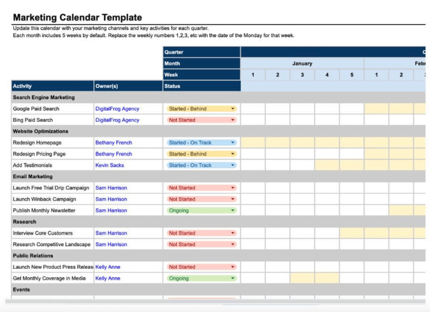 Marketing calendar template in GBT