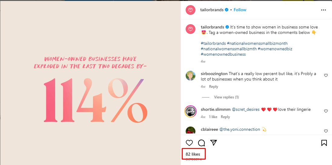 Tailor Brands Instagram with a post about women-owned businesses