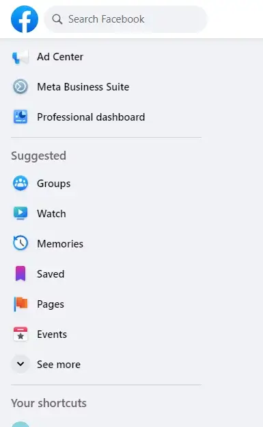 accès à «Meta Business Suite» dans le menu de gauche de la page Facebook