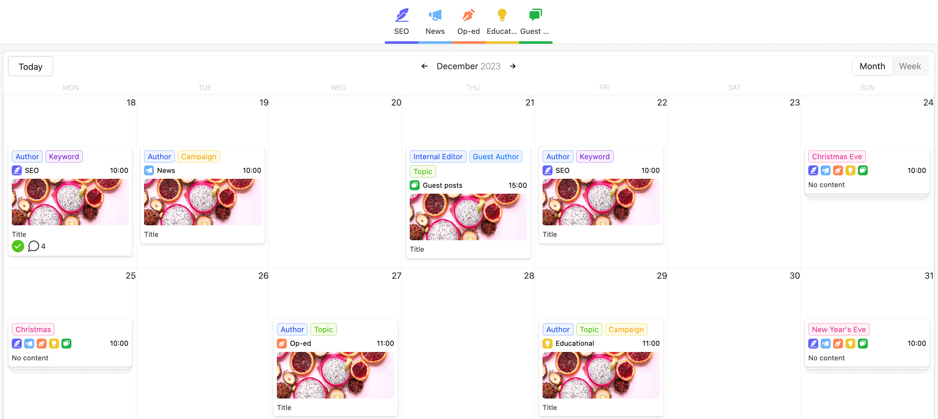 Blog calendar template in Planable with different pages and labels