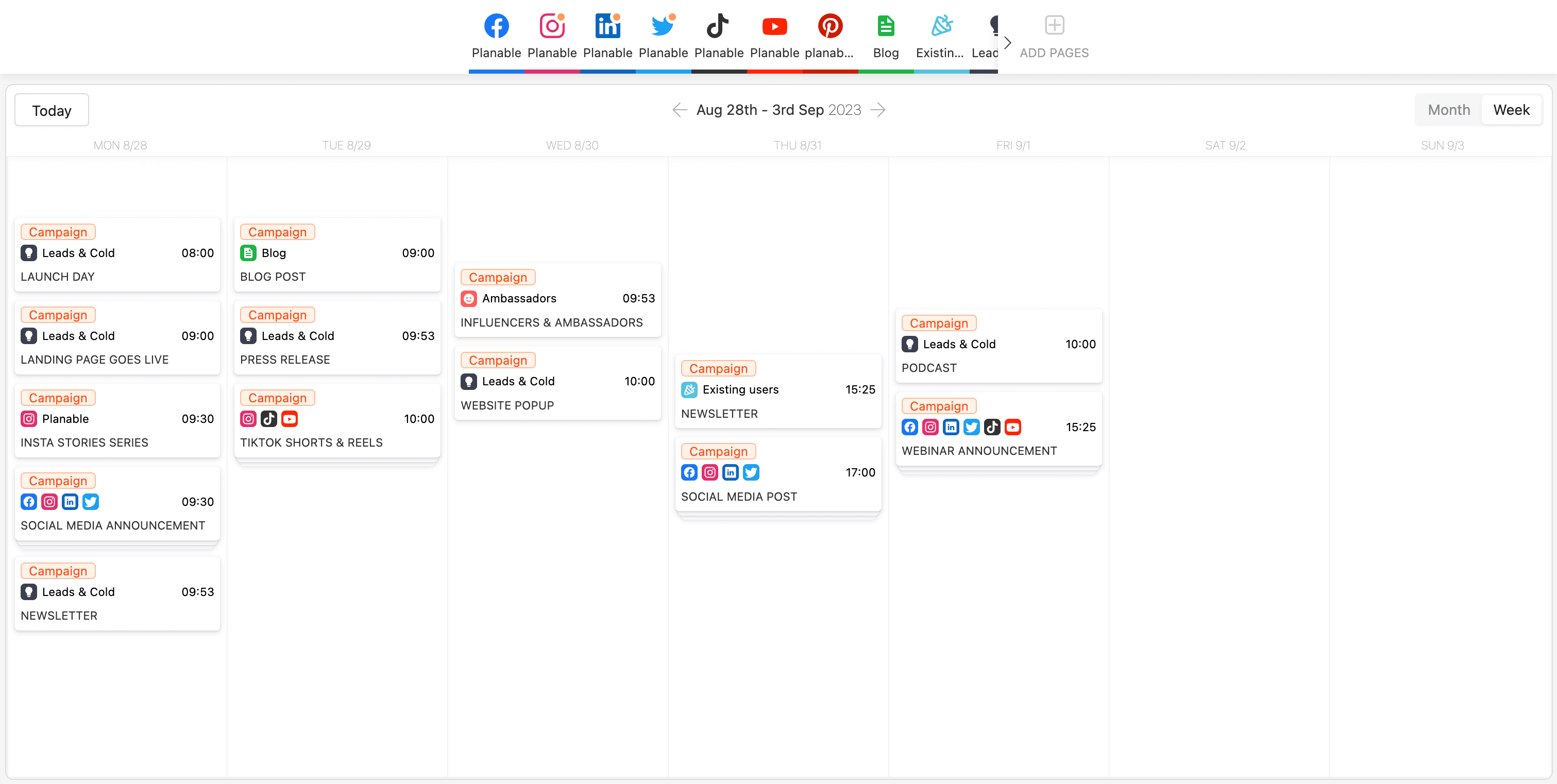 Campaign calendar template in Planable for different social media platforms, blogs and types of campaign