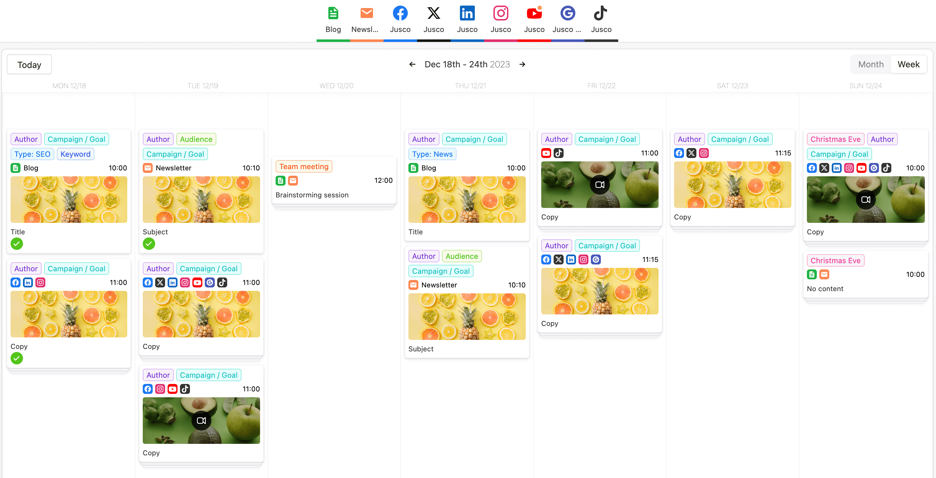Content calendar template in Planable for different social media platforms and Universal Content pieces such as blog posts and newsletters