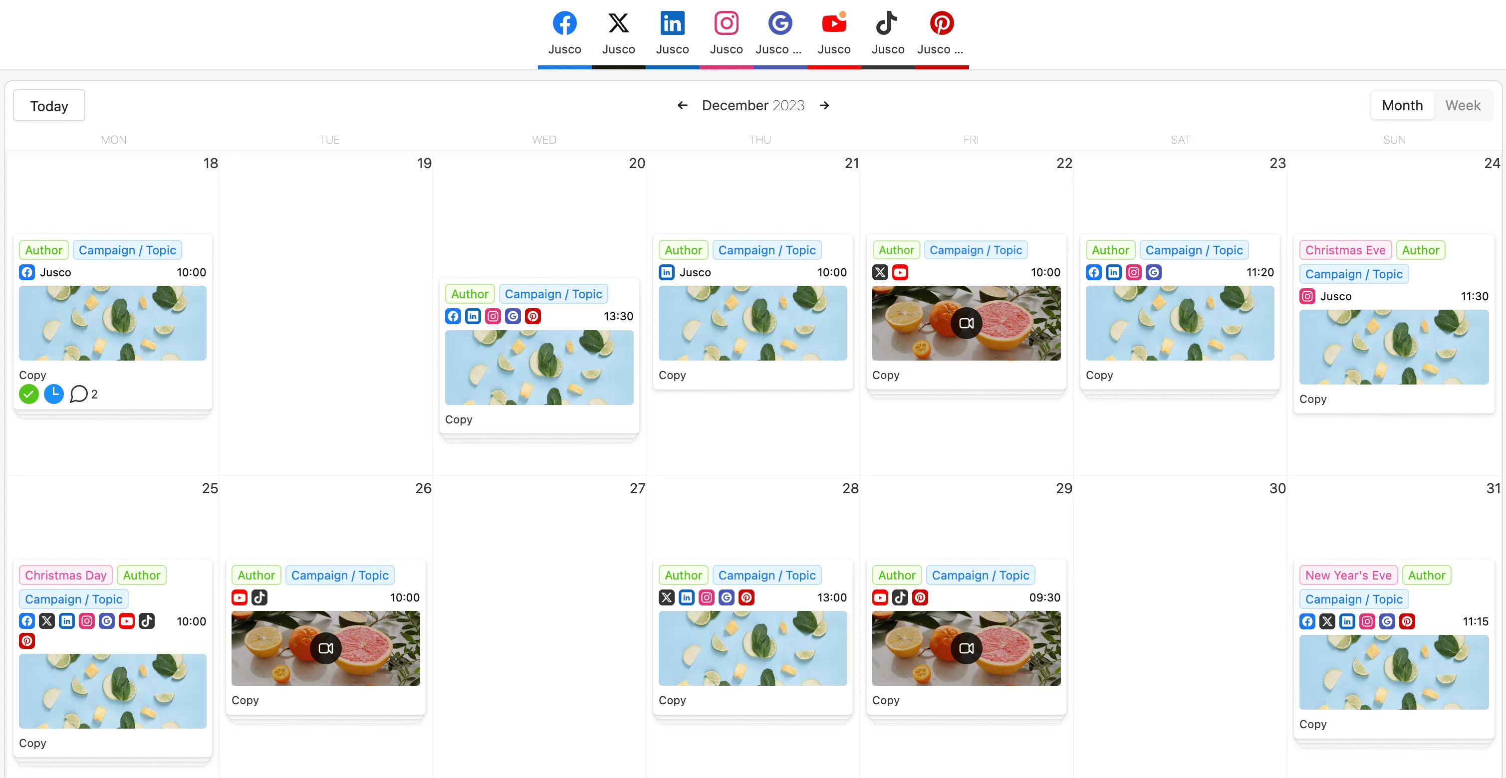 Social Media calendar with posts for different social media platforms in Planable
